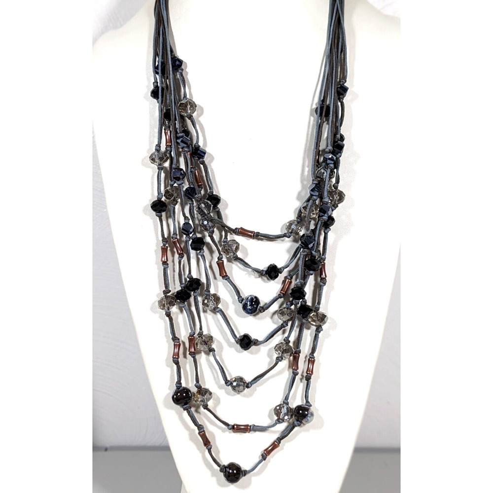 Solar Layered Gray Black Glass Beadβ Cord Necklace Copper Tone 28"